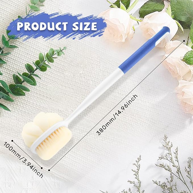 2 Pcs Long Handled Shower Brush Double Sided Bath Brush Massage Body Cleaning Mesh Sponge with Soft Bristles and Loofah for Skin Exfoliating Women Men - Blue