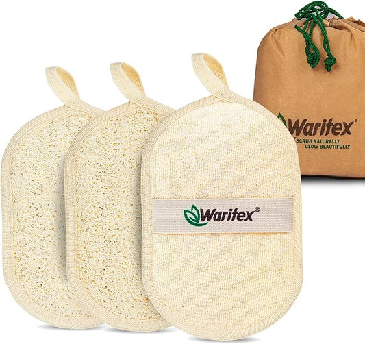 Waritex Egyptian Loofah Exfoliating Body Scrubber with Hand Strap, Oval Shower Pads Made from Natural Egyptian Loofah Fibers, Gentle Cleansing for Face and Body, for Men and Women 3 Count (1 Pack)
