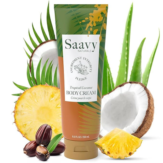 Saavy Naturals Body Cream Tropical Coconut Plant-Based Ingredients| Made In USA | Absorbent Shea Butter Vegan Formula, Thick and Creamy Body Moisturizer, Body Lotion for Dry Skin- 8.5 Fl Oz