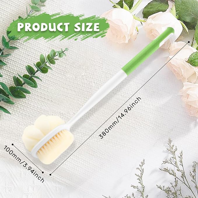 2 Pcs Long Handled Shower Brush Double Sided Bath Brush Massage Body Cleaning Mesh Sponge with Soft Bristles and Loofah for Skin Exfoliating Women Men - Green