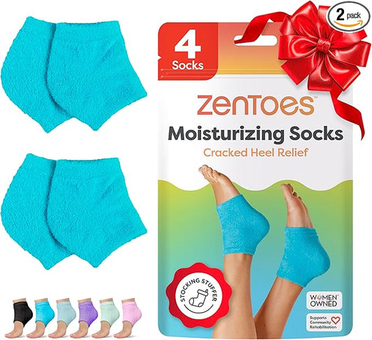 ZenToes Moisturizing Socks for Cracked Heel Treatment, Vitamin E, Olive Oil and Jojoba Oil Heel Socks, Stocking Stuffers for Women, Spa Self Care Gifts for Women (Fuzzy Blue, Wide Width)