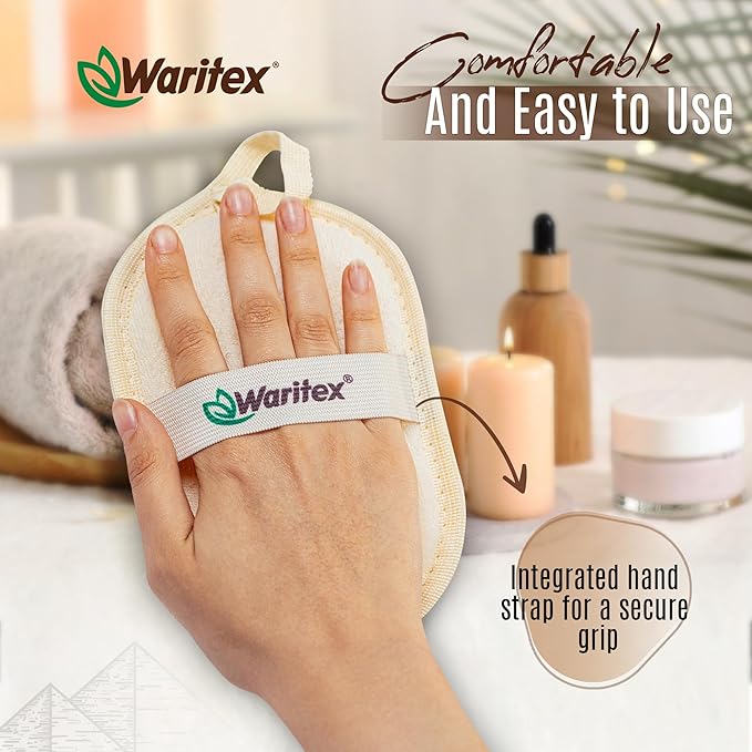 Waritex Egyptian Loofah Exfoliating Body Scrubber with Hand Strap, Oval Shower Pads Made from Natural Egyptian Loofah Fibers, Gentle Cleansing for Face and Body, for Men and Women 3 Count (1 Pack)