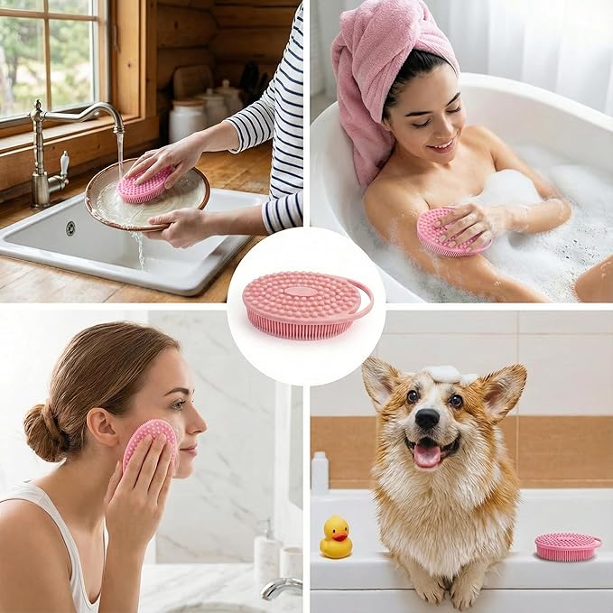 Silicone Body Scrubber 3-Pack – 2-in-1 Shower Exfoliating Brush with Handle, Gentle & Durable Loofah Alternative – Black, Green, Pink