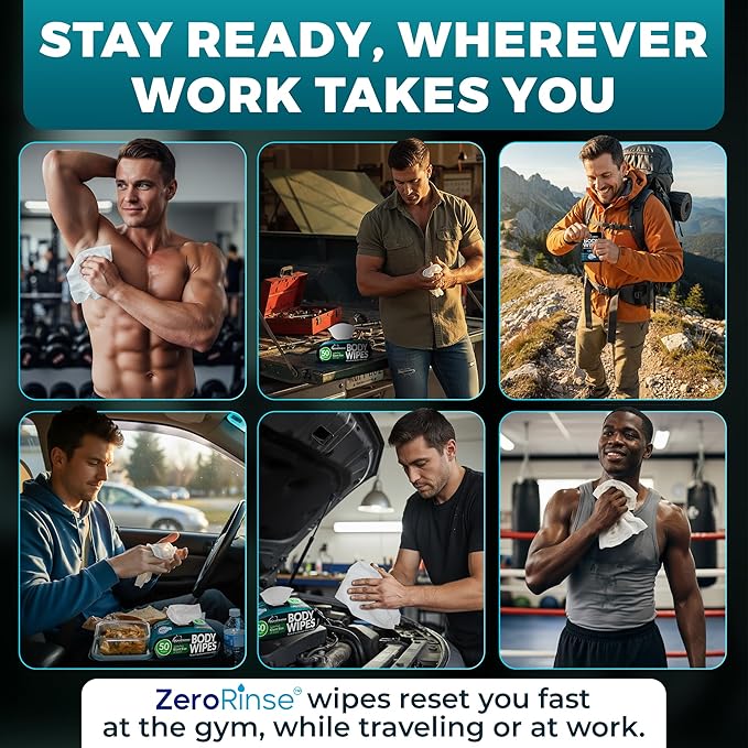 Body Wipes for Men (2 Pack) – 100 XL No Rinse Shower Sheets + 8 Travel Bath Wipes, 10" x 11.5" Adult Disposable Washcloths for After Gym Use, Hunting, Camping and Travel