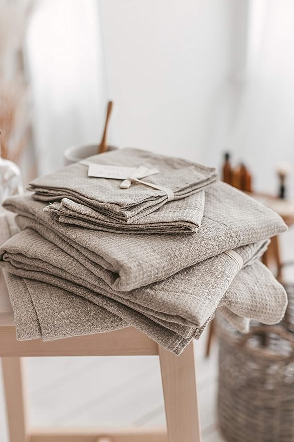 4-Piece 100% Linen Towels Set - 2 Bath Towels Set, 2 Hand Towel Sets - Natural Fiber Waffle Towels for Bathroom Thin Pre-Washed Lightweight Quick-Dry Absorbent