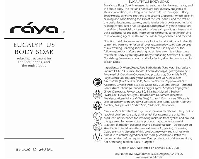 RAYA Eucalyptus Body Soak 16 oz (S-108) | Relaxing Treatment for the Feet, Hands, and Body | Soothing, Conditioning, and Calming | Made with Eucalyptus, Tea Tree, and Lavender Oils