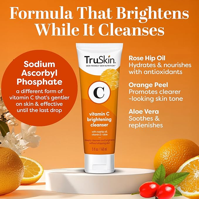 TruSkin Vitamin C Cleanser for Face - Brightening Face Wash with Vitamins C & E, Rosehip Oil, Aloe Vera and MSM - Deep Clean and Refresh for Radiant, Healthy-Looking Skin, 5 fl oz