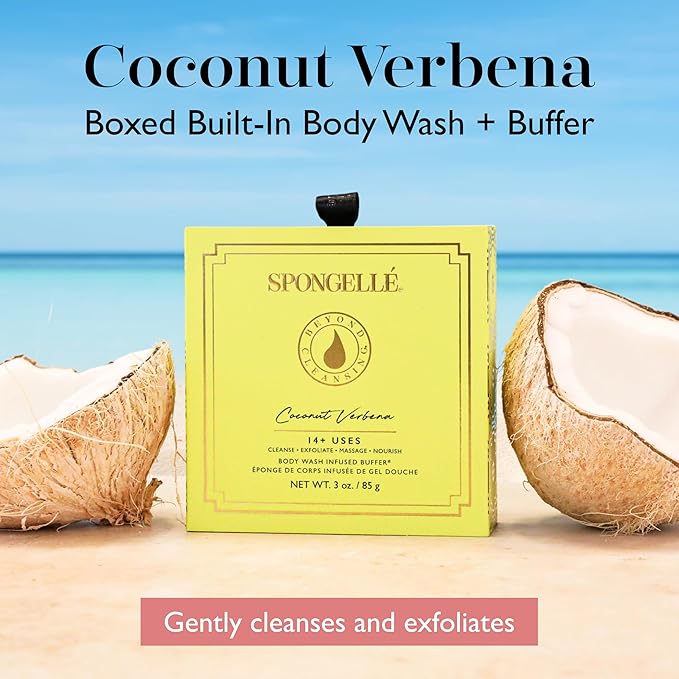 Spongelle Coconut Verbena Wild Flower Buffer Body Scrubber with Box | Bath & Shower Loofah for Women | Exfoliator with Body Wash Infused | 14+ uses