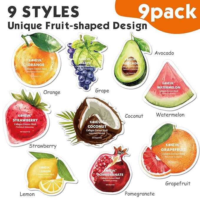 9 Pack Fruit Shaped Face Masks Skincare for Women, Collagen Hydrating Sheet Face Mask for Christmas Gifts, Bulk Facial Masks for Spa Party Gifts and Stocking Stuffers