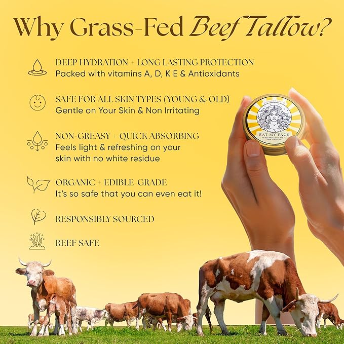 Eat My Face Organic Beef Tallow Sunscreen SPF 30 | Non Nano Zinc Oxide Mineral Sunscreen, Reef Safe & Non Toxic Sunblock for Face and Body, Natural Chemical Free Made in USA, Tallow Zinc Sunblock 4oz