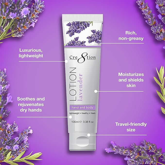 Cre8tion Spa Lavender Hand & Body Lotion, Luxurious Lightweight Moisturizer for Silky, Smooth Skin, 3.3 Fl Oz