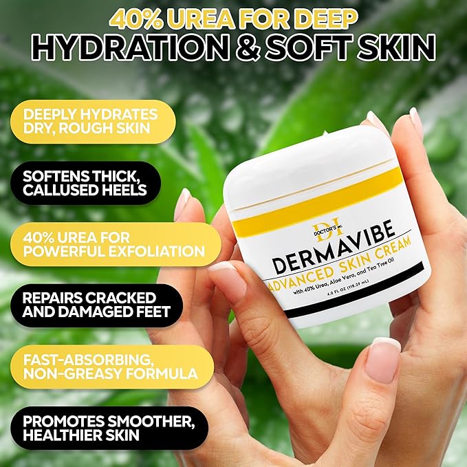 Premium 40% Urea Cream For Feet - Made In USA - Maximum Strength with Pumice Stone & Brush | Tested by Doctors | Intense Moisturizer & Corn, Callus and Dead Skin Remover, Dermavibe by DOCTOR'S INC.