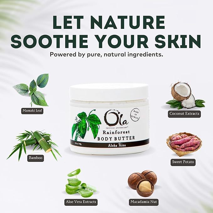 OLA Rainforest Body Butter – Moisturizing Cream with Pure Coconut Oil and Hawaiian Plant Extracts - Ideal for Dry Skin - 2.1oz
