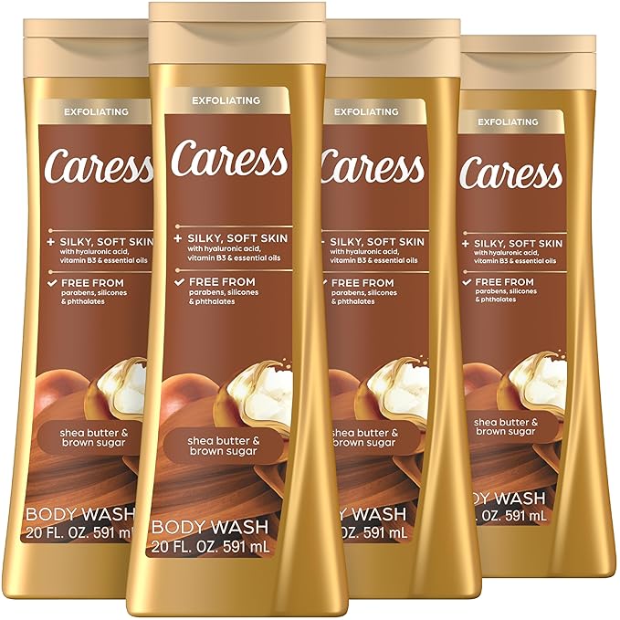 Caress Body Wash for Women, Shea Butter & Brown Sugar, Hydrating and Exfoliating Shower Gel for Gorgeous Radiant Skin, 20 fl oz, 4 Pack