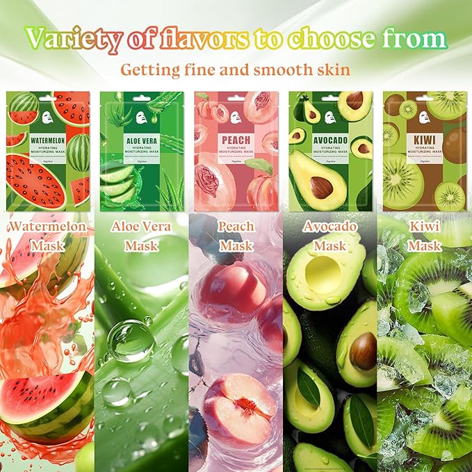 20PCS Hydrating Face Masks,Moisturizing Facial Masks for Women and Men,Fruit Overnight Facial Sheet Mask,Lightweight and Non-greasy Face Sheet Mask for All Skin Type 12