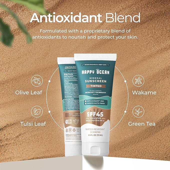 SPF 45 Tinted Mineral Sunscreen with Non-Nano Zinc Oxide for Face and Body, Fragrance Free, Reef Safe Biodegradable Sunscreen, Tinted Mineral Moisturizer, Water Resistant, 2.5 Fl oz