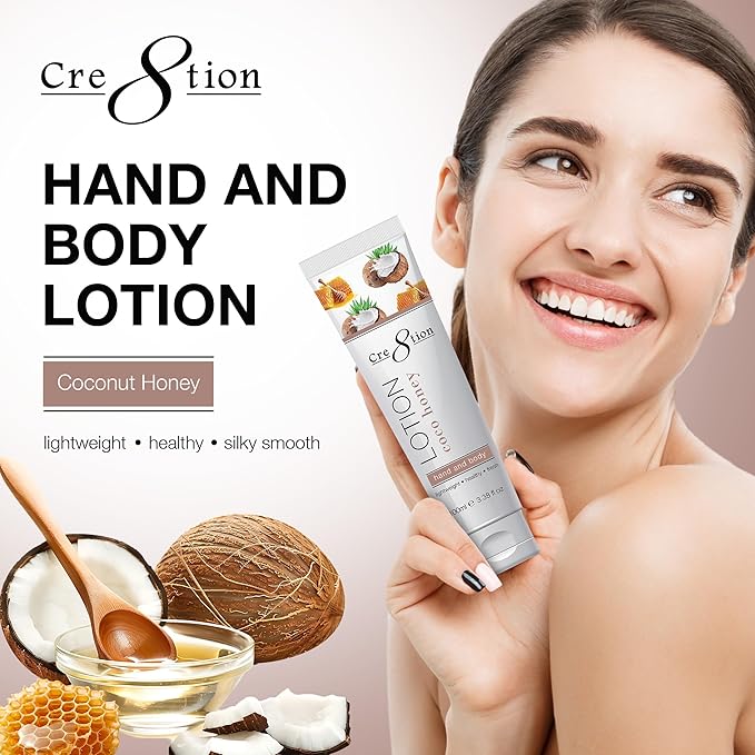 Cre8tion Spa Coconut Honey Hand & Body Lotion, Luxurious Lightweight Moisturizer for Silky, Smooth Skin, 3.3 Fl Oz