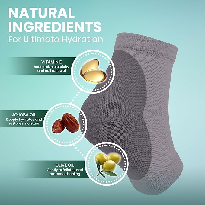 Moisturizing Heel Socks for Cracked Heels - Gel Socks for Dry Cracked Feet Repair - Silicone Socks for Women’s Foot Treatment & Overnight Hydration (Beige/Grey/Mint Green, 3-Pair)