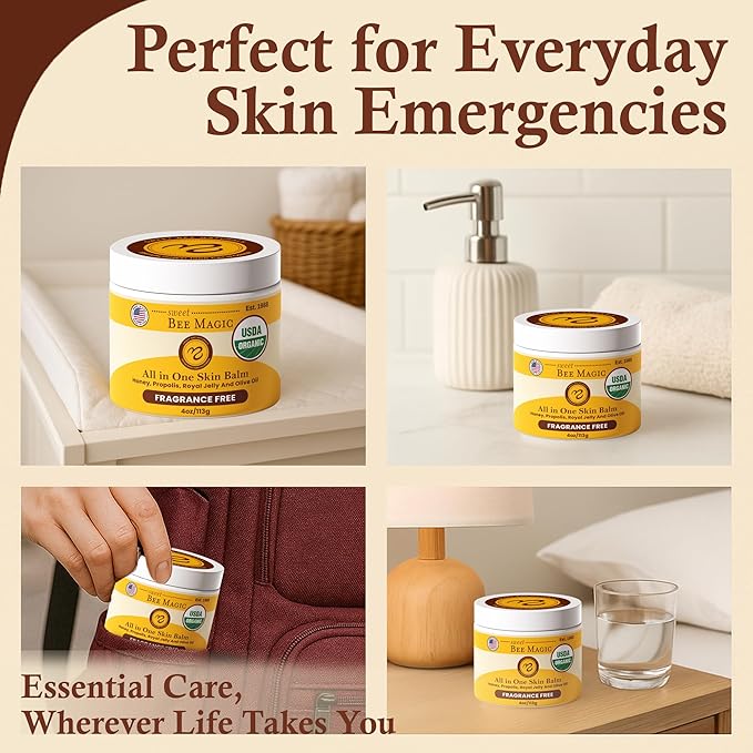 Sweet Bee Magic All In One Healing Organic Balm - Natural Skin Healing Cream, Beeswax Balm for Dry Skin, Face & Body Moisturizer - Certified Organic, All Natural Aid - 1 Jar (4oz)