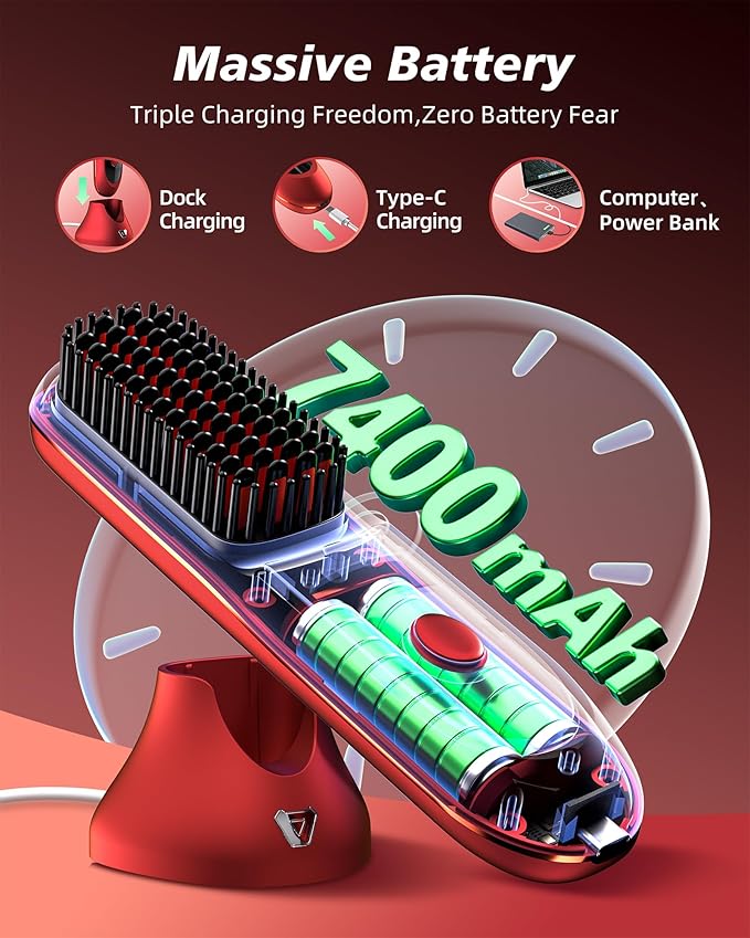 VELORlA Cordless Hair Straightener Brush with Charging Dock - LED Display,300M Negative lons & 3 Temps Fast Heating 320-392°F, Anti-Frizz Travel HaiStyler, Gift for Women (Garnet Red Pro+)