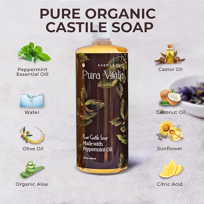 Peppermint Organic Castile Soap | Body Wash & Cleanser for Face & Hands | Biodegradable, Eco-Friendly, Palm Oil Free, Vegan & Gentle | Made with 6 Natural Ingredients - 32 oz