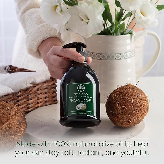 GAIA Oliva Olive Oil Shower Gel – Natural Body Wash with Coconut, Hydrating, Moisturizing Body Wash for Women & Men, Plant-based Bath & Shower Gel for Dry Skin, 16.9 Fl Oz (Pack Of 2)