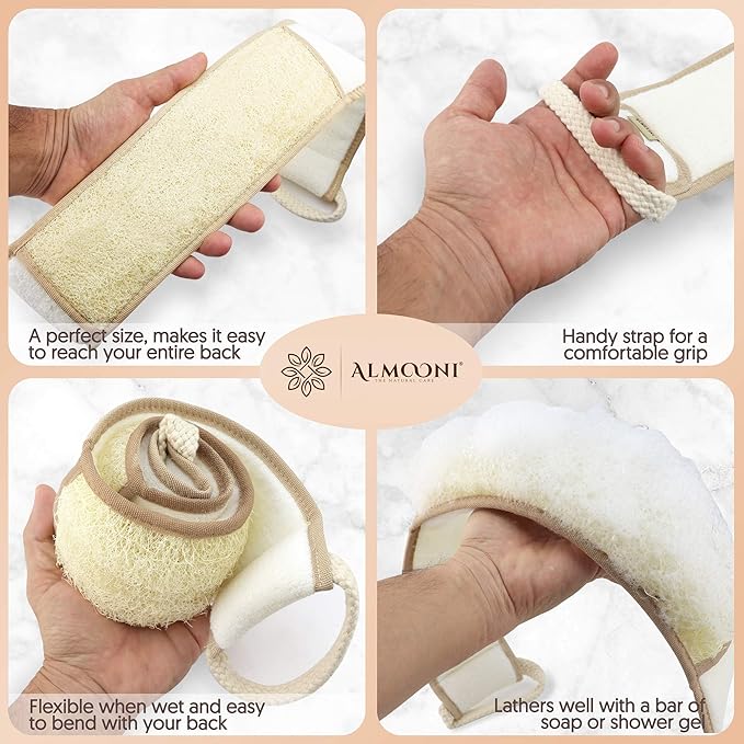 Almooni Natural Egyptian Loofah Back Scrubbers for Use in Shower, Exfoliating Natural Loofah Back Scrubber for Shower for Men and Women to Clean Your Back Deeply - 1 Count (1 Pack)