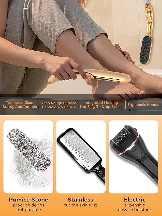 Nano Glass Foot File Foot Callus Remover Scrubber in Shower, Pedicure Tools Feet Scrubber Dead Hard Skin, Anti-Slip Handle Rope & Storage Bag Foot Files for Wet and Dry Feet Care Gift