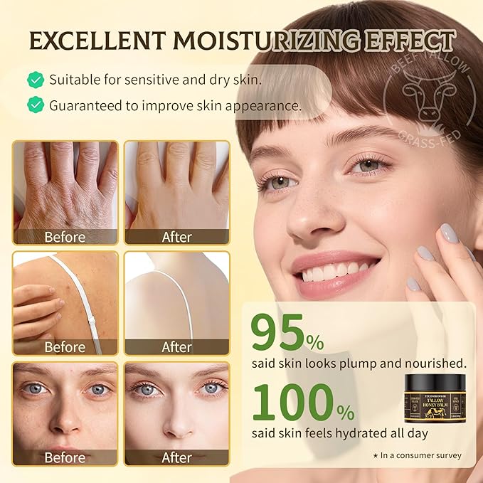 Beef Tallow for Skin，Natural Grass-Fed Beef Tallow and Honey Balm for Face & Body，Whipped Moisturizer for Most Skin Types and Sensitive Skin(60g/2.1oz)