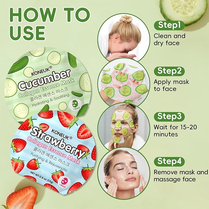 60 Pack Colorful Fruit Face Masks Skincare Set, Bulk Sheet Facial Mask for All Skin Types, Collagen Hydrating Face Mask for Women, Spa Party Gifts and Christmas Gifts (6 Types x 10 Pcs)