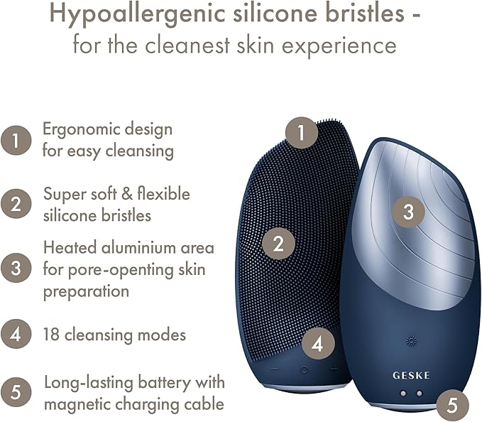GESKE SmartAppGuided Sonic Thermo Facial Brush | 6 in 1 | Skin Cleansing | Cleansing Brush with Thermal Function | Electric Facial Massager