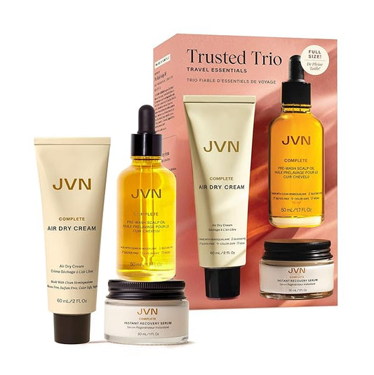 JVN Trusted Trio Travel Essentials Hair Products, Pack of 3, Includes Air Dry Cream, Instant Recovery Serum, and Pre-Wash Scalp Oil, Hair Care for Women and Men, Silicone Free