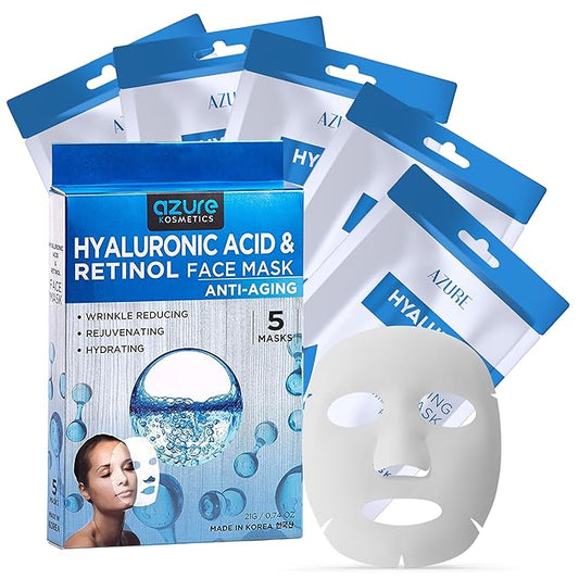 Azure Cosmetics Hyaluronic Acid & Retinol Anti Aging Face Mask - Dermatologist Tested - Rejuvenating & Hydrating - Helps Reduce Fine Lines & Wrinkles, Smooths & Repairs - Korean Skin Care - 10 Pack