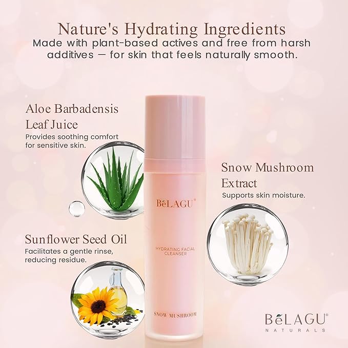 BeLAGU Hydrating Facial Cleanser with Squalane - Gentle Water Based Cleanser and Face Wash for Sensitive Dry or Oily Skin - Natural Daily Cleansing to Hydrate and Calm Clean Balanced Skin - 4.1 fl oz