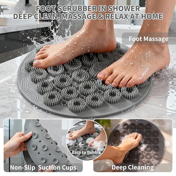 Shower Foot Scrubber Mat & Silicone Back Scrubber with Soft Silicone Bristles,Quick Drying Foot Scrubber in Shower,Deep-Cleaning Wall Mounted Back Scrubber Silicone Bath(Gray)