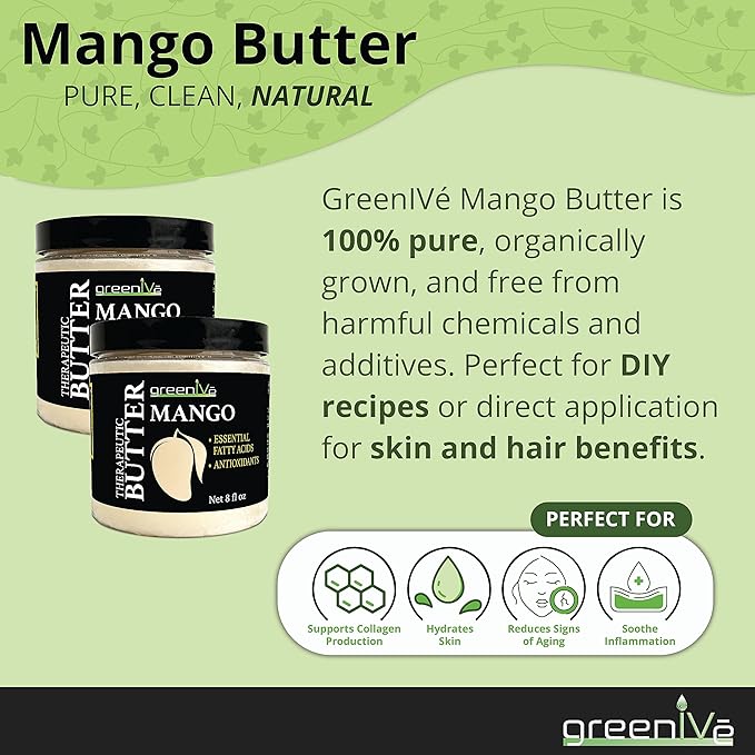 GreenIVe Deodorized Mango Butter Chuncks 100% Pure Raw Unrefined Natural Creamy Skin Hair Moisturizer Hydrating Body Butter Lotion Lip Balm Soap Making DIY Cosmetics Whipped Creams Food Grade 8oz