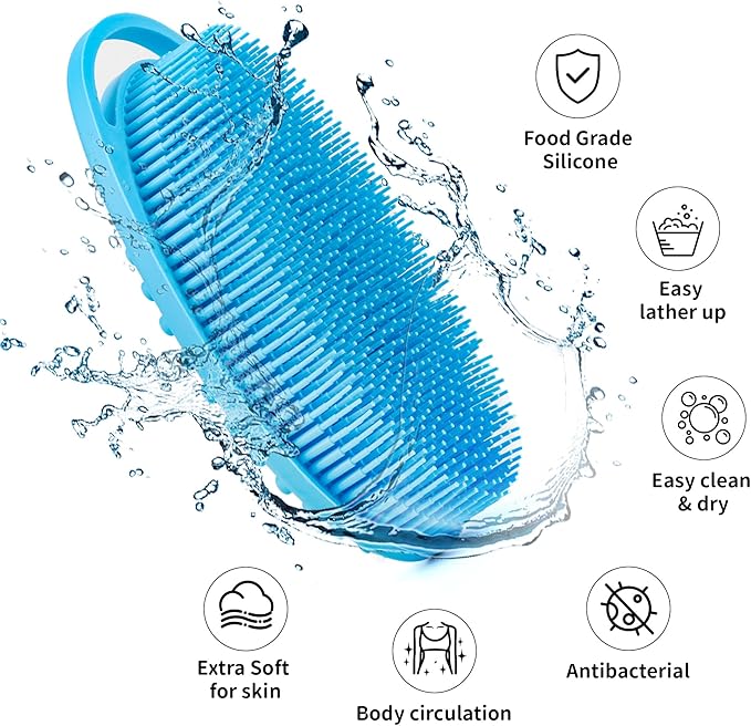 Soft Silicone Body Scrubber Loofah - 2 Pack Rubber Loofah 2 in 1 Bath and Shampoo Brush, Silicone Body Shower Brush Scrubber Cleaning Exfoliating Use for Sensitive Skin, Lather Well, Pink and Blue