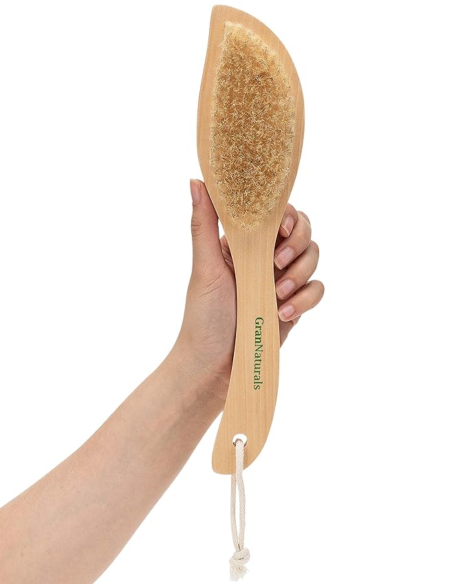 GranNaturals Dry Skin and Body Brush - 11.4 Inches - Improve Blood Circulation, Exfoliate Skin, Reduce Cellulite - Curved Natural Bristle Exfoliating Brush for Back, Legs, Feet