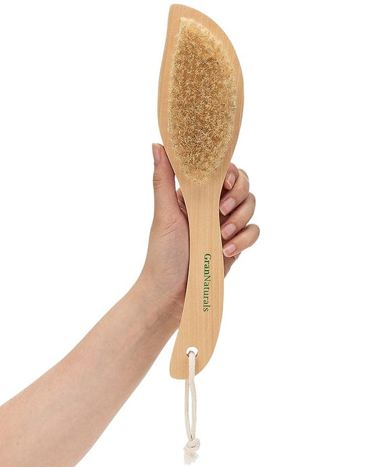 GranNaturals Dry Skin and Body Brush - 11.4 Inches - Improve Blood Circulation, Exfoliate Skin, Reduce Cellulite - Curved Natural Bristle Exfoliating Brush for Back, Legs, Feet