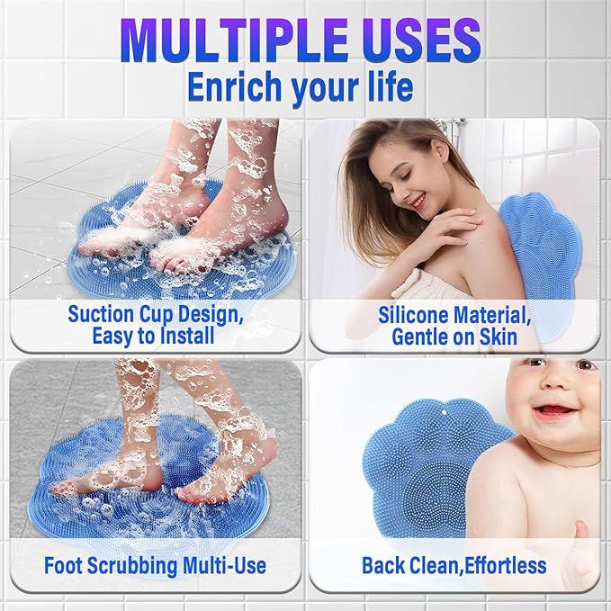 Shower Foot Scrubber Mat with Non-Slip Suction Cups,Foot Backs Cleaning Pad Back Washer Exfoliating Bath Wash Pad,Foot Scrubber in Shower Men & Women (Pink)