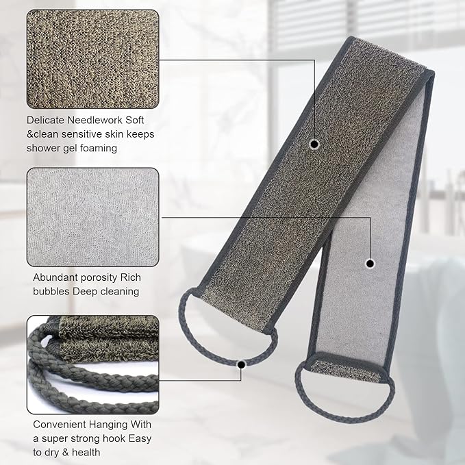 Loofah Back Scrubber, 35.4 Inch Exfoliating Back Scrubber for Bath Shower Scrubber for Men and Women, Luffa Scrubber to Deep Clean Your Skin, with Hair Shampoo Brush and Wall Hook