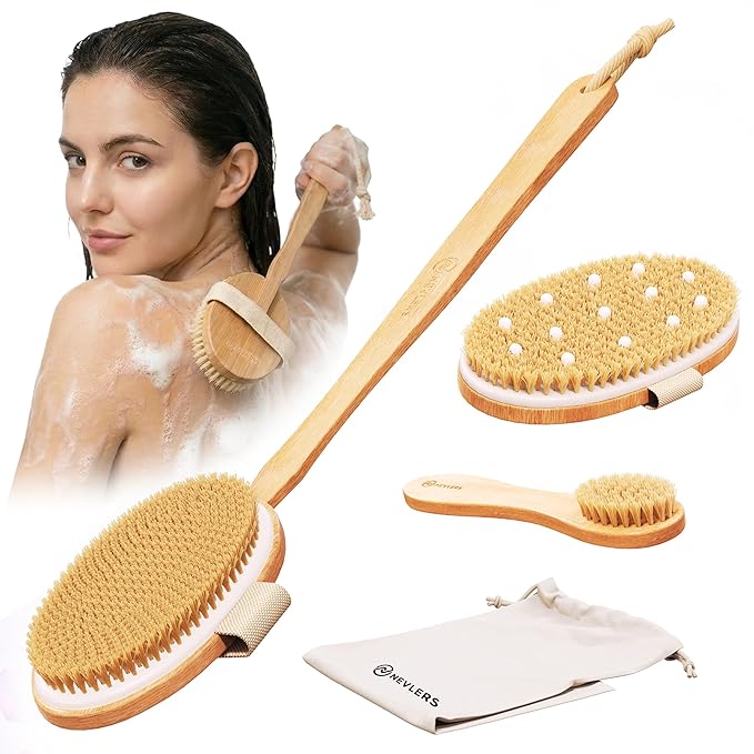 Nevlers Natural Boar Bristle Dry Brushing Set | 4-Piece Body Brush Kit for Exfoliating, Lymphatic Drainage & Circulation | Body Brush, Face Brush, Long-Handled Back Brush + Storage Bag
