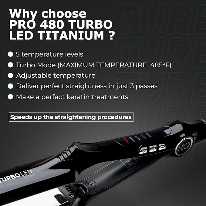 MQ Hair - Professional Titanium Flat Iron 480°F Turbo - Bivolt, Anatomic Design, Ultra-Smooth, Mirror Effect - 3 Passes Needed, Perfect Straightening - Heating Safe Control, Ionized Plates - Black