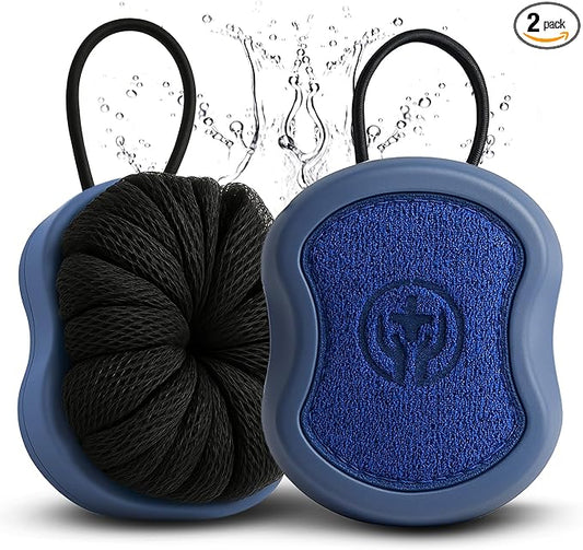 Shower Scrubber for Body 2-in-1 : 2 - Pack High Foaming Body Scrubber Exfoliator for Men, Ergonomic Shower Scrub, Deep Exfoliating Travel Bath Brush Loofah for Women, Durable Skin Wash Tool