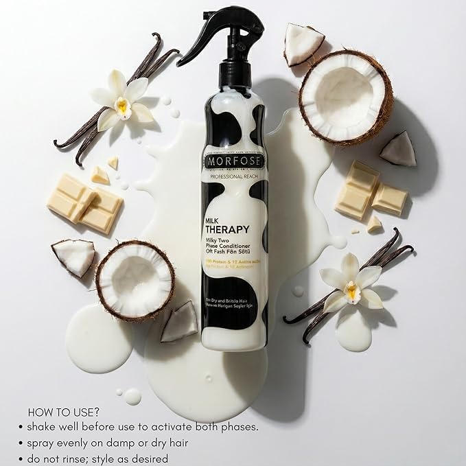 Morfose Professional Two Phase Leave-in Conditioner for Dry, Damaged, or Brittle Strands, Repairs and Protects, Damage, and Split Ends, 13.52 Fl Oz (Milk Therapy)