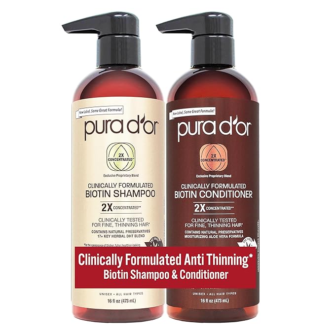 PURA D'OR Clinically Formulated Biotin Shampoo & Conditioner For Hair Thinning - 2X Concentrated Proprietary Herbal Blend Thickening Products For Women & Men, Sulfate Free, 16oz x2