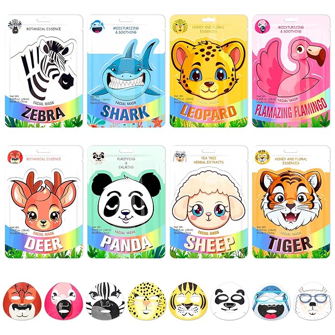 8 Pcs Animal Face Masks Bulk Spa Sheet Skincare Facial Mask Funny Face Skin Care for Women Girls Sleepover Slumber Party