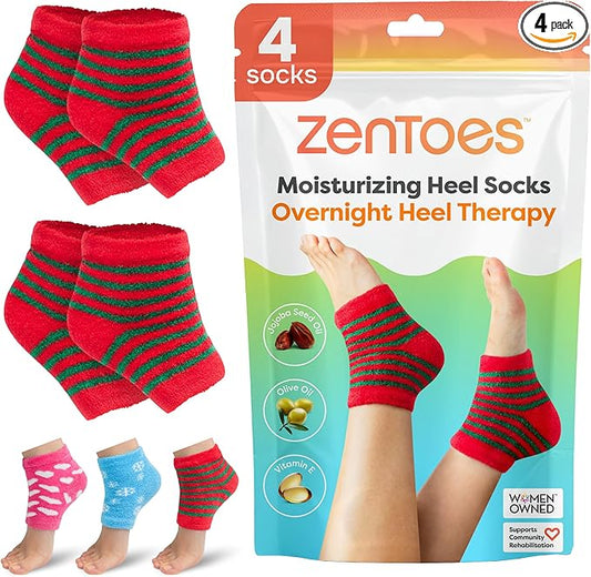 ZenToes Moisturizing Socks for Cracked Heel Treatment, Vitamin E, Olive Oil and Jojoba Oil Heel Socks, Stocking Stuffers for Women, Spa Self Care Gifts for Women (Holiday Stripes, Regular)