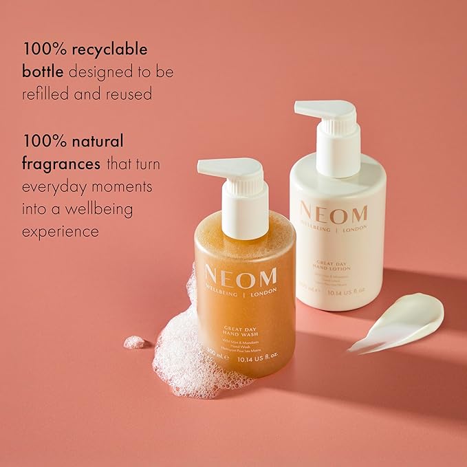 Neom Great Day Exfoliating Hand Wash, 300ml IWild mint and mandarin I Blended with orange peel to exfoliate I 100% Recyclable Bottle I Refillable