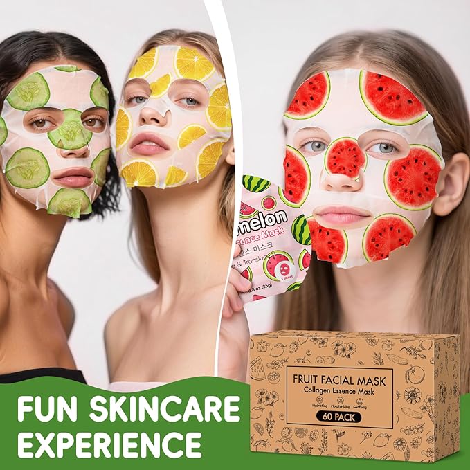 60 Pack Colorful Fruit Face Masks Skincare Set, Bulk Sheet Facial Mask for All Skin Types, Collagen Hydrating Face Mask for Women, Spa Party Gifts and Christmas Gifts (6 Types x 10 Pcs)